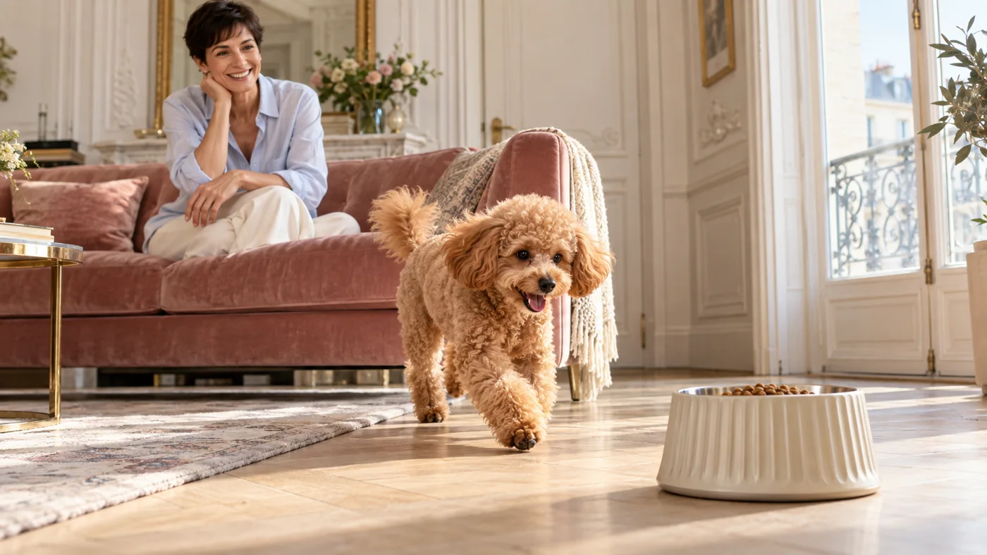 Ein kleiner Hund läuft zuhause zu seinem Futternapf