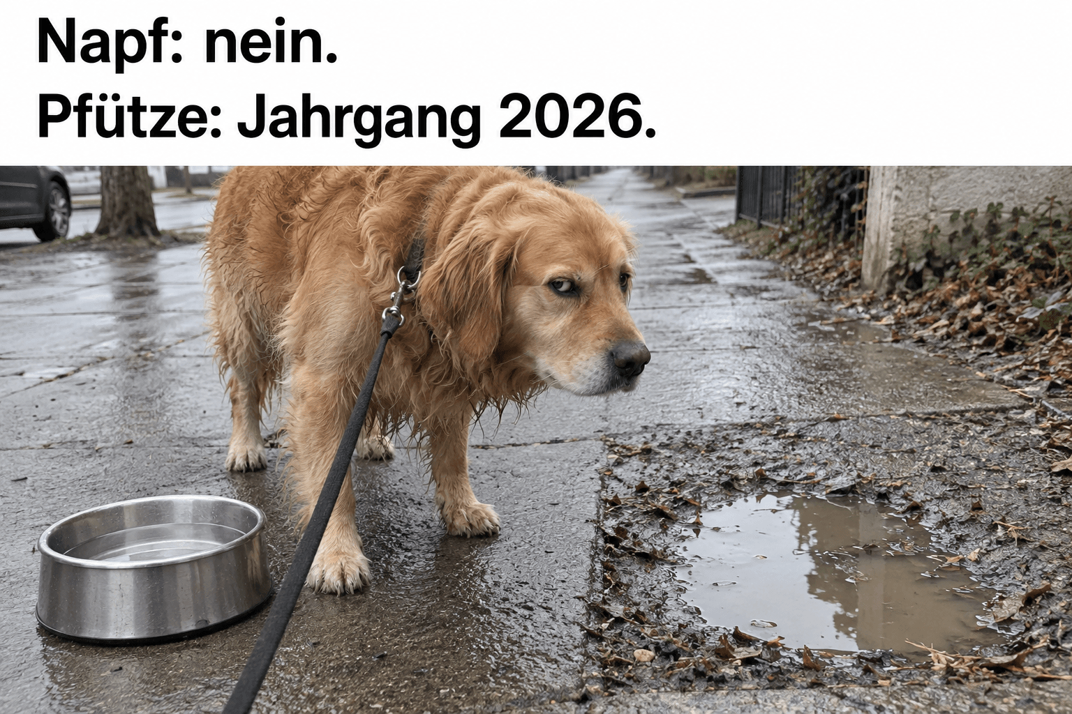 Ein Hund blickt skeptisch zwischen einem sauberen Wassernapf und einer Pfütze. Text: Napf: nein. Pfütze: Jahrgang 2026.