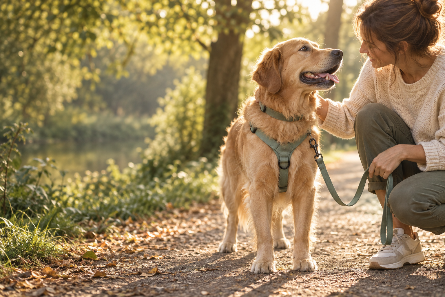 Hund mit Leine und Geschirr beim gemeinsamen Spaziergang – illustratives Motiv