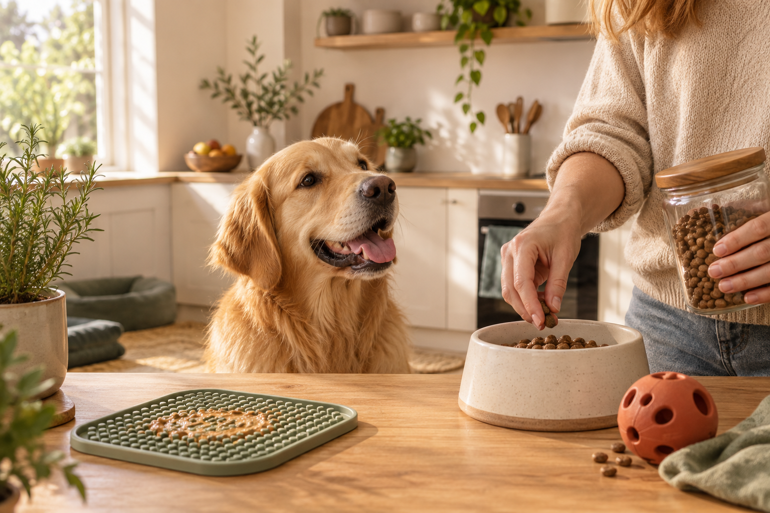 Hund mit Napf, Schleckmatte und Futterspielzeug in einer warmen Küche – illustratives Motiv